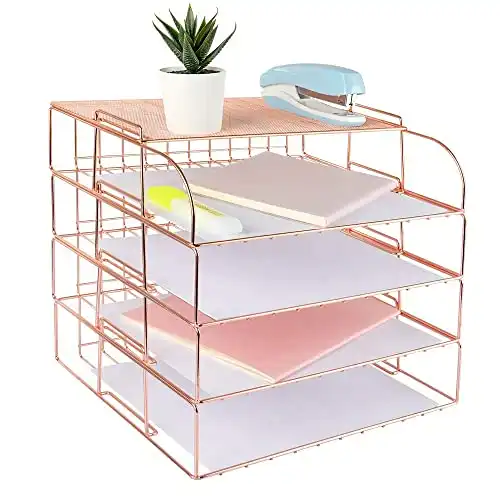 Spacrea Letter Tray, 4 Tier Rose Gold Desk Organizers for Home Office